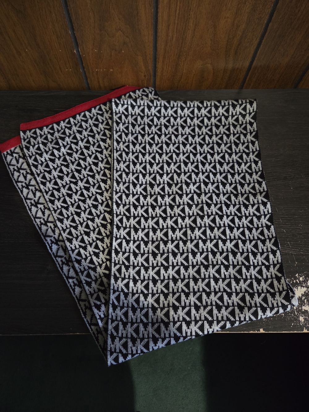 Michael Kors Black & White Logo Scarf with Red Trim
